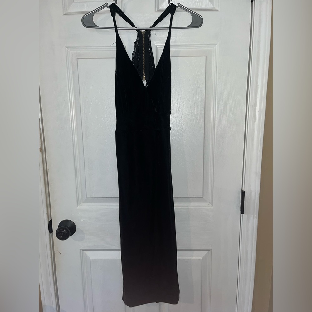 Black velvet midi dress with open and lace back gold zipper up the back.